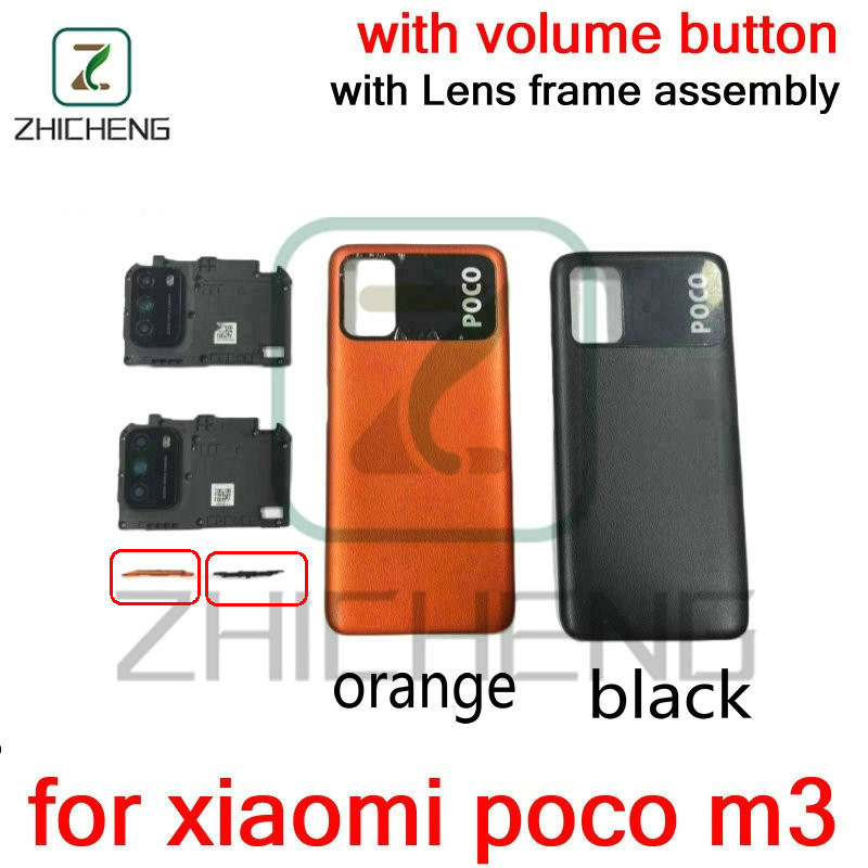 สําหรับ xiaomi POCO M3 ฝาหลังแบตเตอรี่พร้อมปุ่มปรับระดับเสียงพร้อมชุดกรอบเลนส์