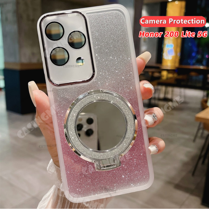 Honor 200 Lite 5G 2024 กระจกวงเล็บแม่เหล็ก Glitter สําหรับ Honor 200 Lite 200Lite Honor200Lite Pro 5G ฝาครอบกล้อง Shcokproof เคสโทรศัพท์เลนส์ Protector นุ่มปกหลัง