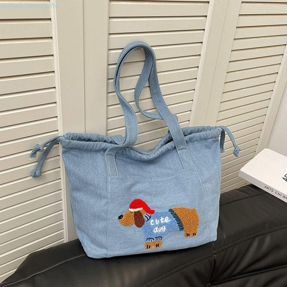 Sevenhome3e กระเป๋าสะพายเชือกยีนส์, กระเป๋าสะพาย Dumpling Bag Denim Cloth Bag, Casual Cute Dog Handbag Letter Tote Bag Print Bucket Bag Outdoor