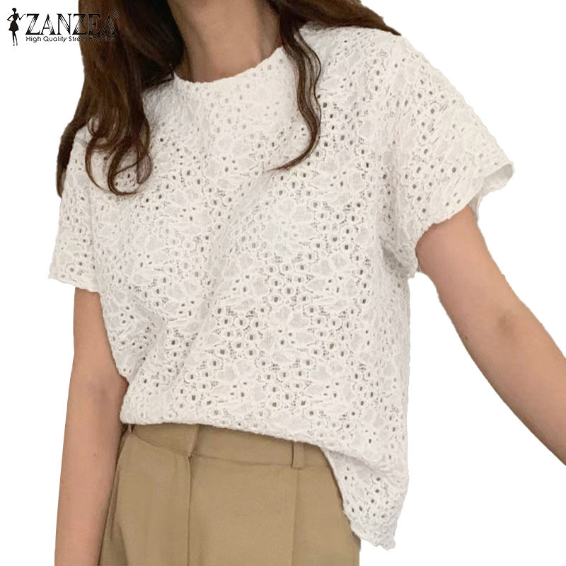 ZANZEA ใส่ ซานเซีย ผู้หญิงเกาหลีลําลองคอกลมแขนสั้นลูกไม้ดอกไม้กลวงเสื้อหลวม