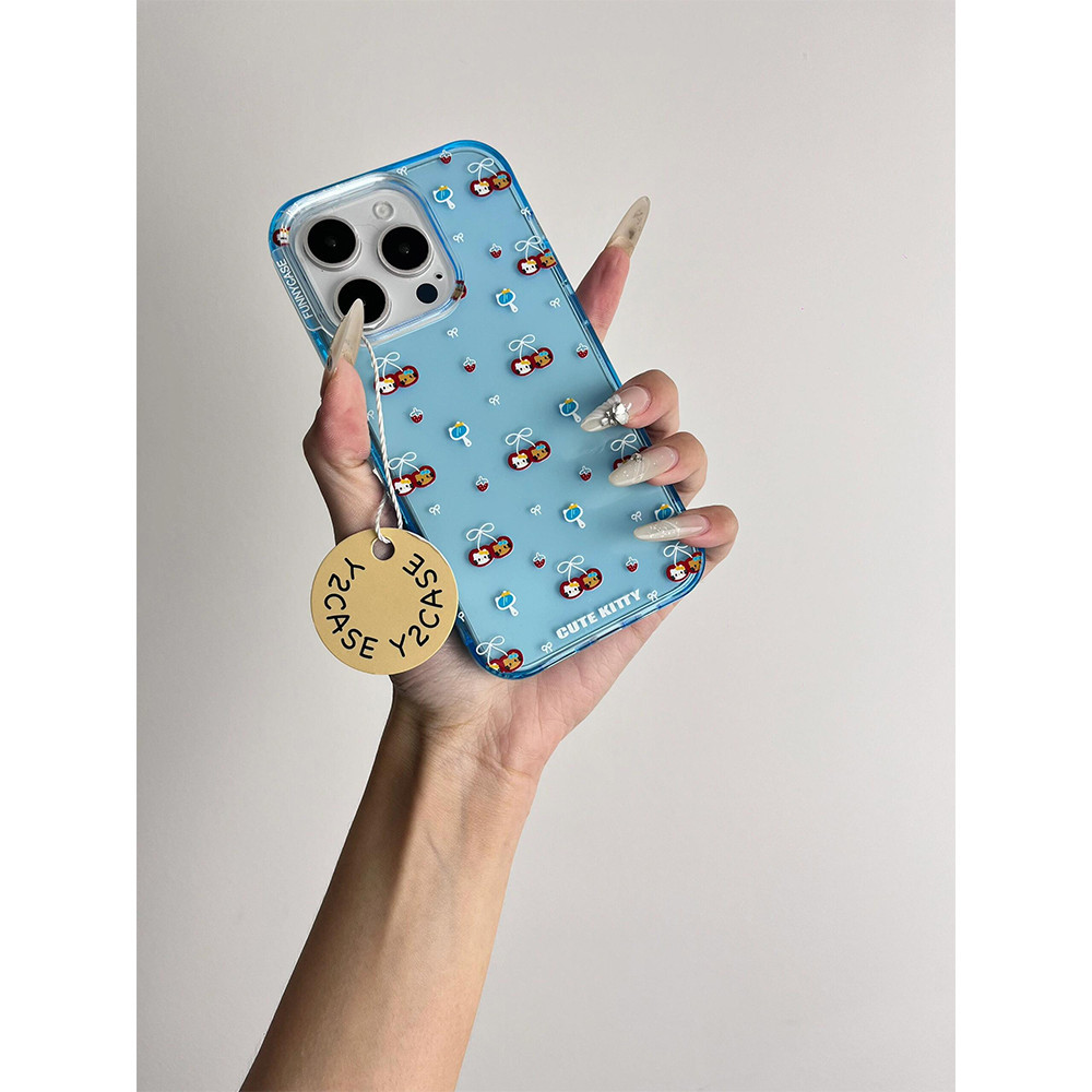 Huiwanju โบว์เรียบง่าย kt cat เหมาะสําหรับ iPhone15promax เคสโทรศัพท์มือถือ iPhone14 ใหม่ 13 เคสป้องกัน 12 ผู้หญิงน่ารัก 14pro ป้องกันการตก 15 สีฟ้าใส
