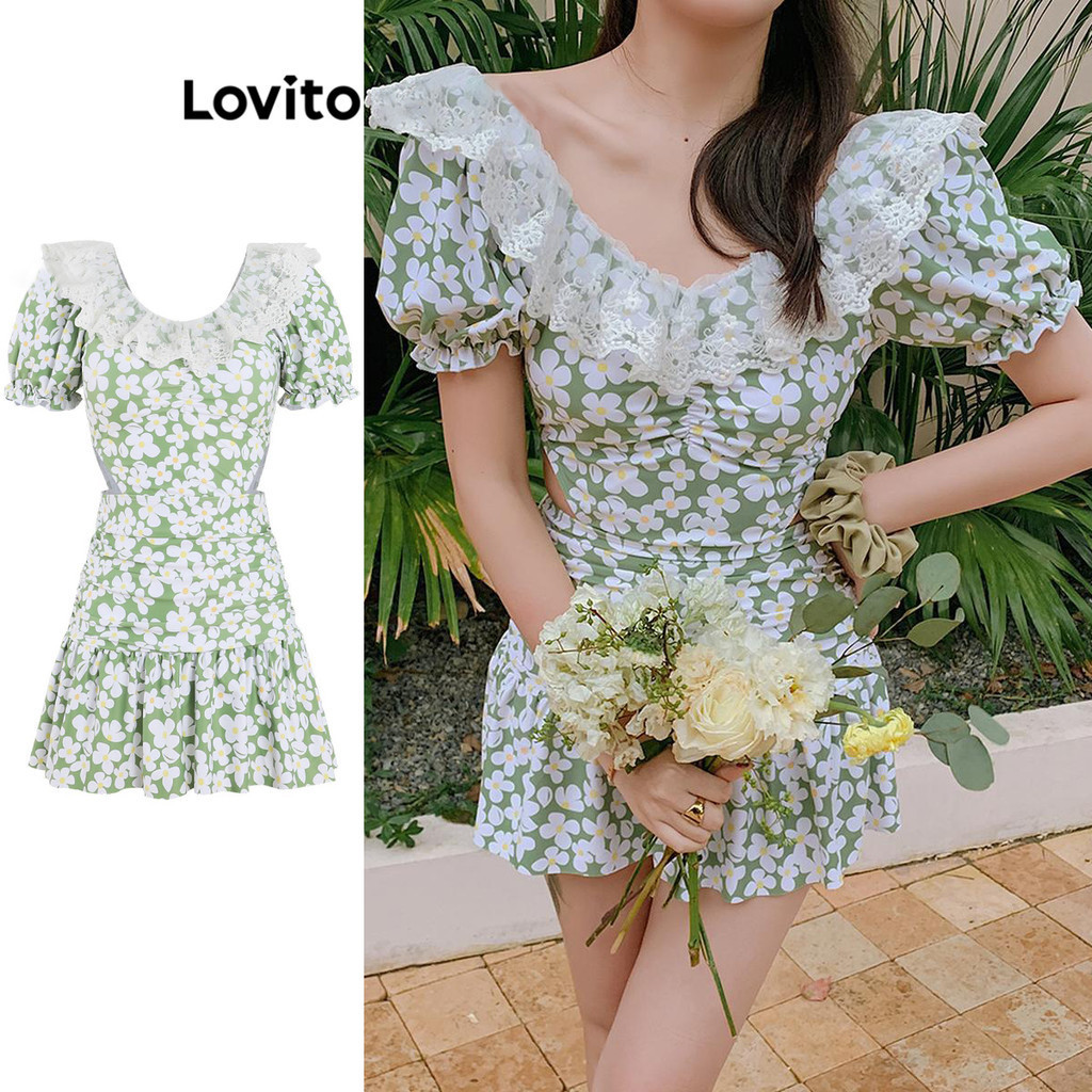 Lovito ชุดว่ายน้ำวันพีชผู้หญิง คัทเอ้าท์ แต่งลูกไม้ ลายดอกไม้ สไตล์ลำลอง LNE59245