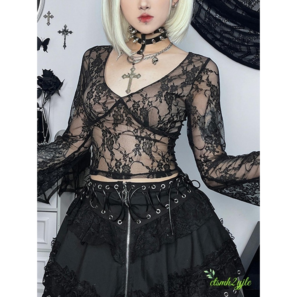 ผู้หญิง Lace Crop Tops Fairy Grunge V คอดูผ่าน SHEER ตาข่าย T เสื้อ Punk SLIM FIT เสื้อแขนยาว