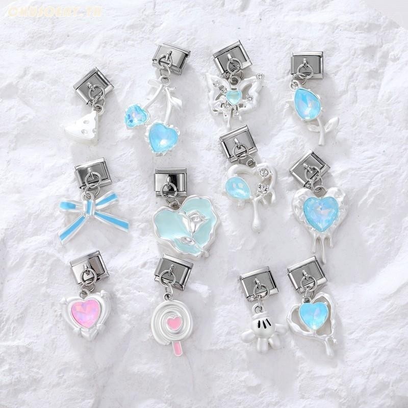 2024 ใหม่แฟชั่นจี้สีฟ้า Sliver Heart Bow Charm อิตาเลี่ยน Links Fit 9 มม.สร้อยข้อมือเครื่องประดับสแตนเลส DIY ทํา