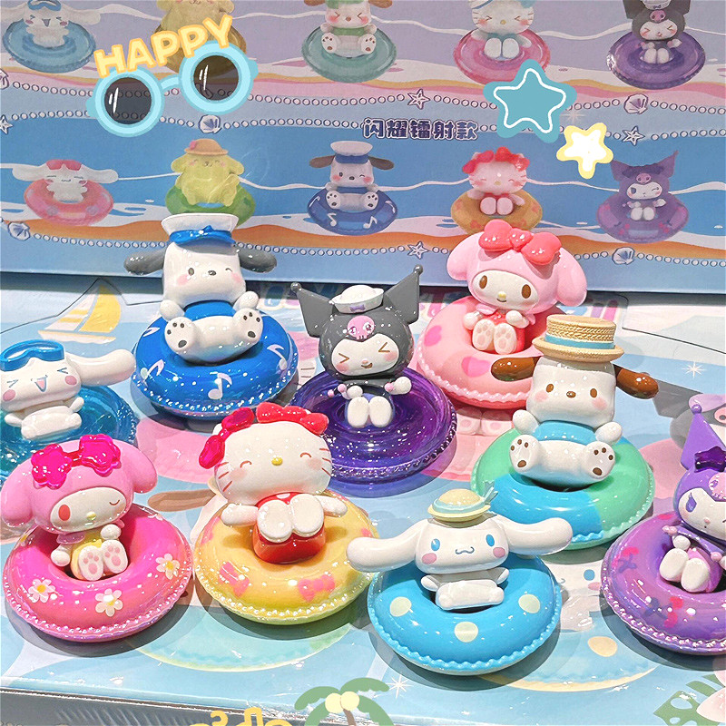 SANRIO 3ชิ้น/ถุง ซานริโอ ท็อปทอย กระเป๋าสุ่มมินิว่ายน้ําแหวนรูปของเล่นน่ารักตาบอดกล่องของขวัญ