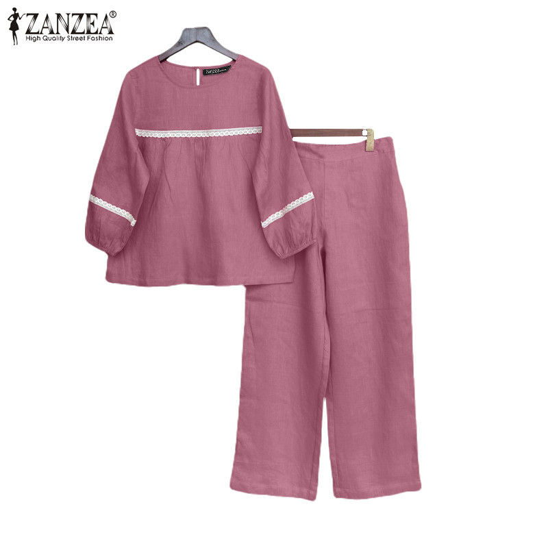 ZANZEA ใส่ ซานเซีย ผู้หญิงเกาหลีลําลองลูกเรือคอ3/4แขนกระเป๋าท็อปส์กางเกง