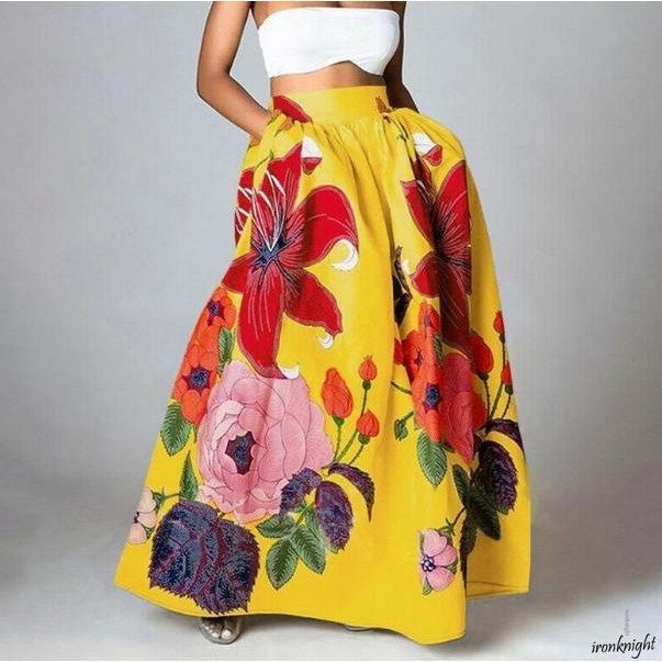 Ironknight-womens Bohemian Floral Print Pocket Loose Fit Elastic เอว Puffy กระโปรง
