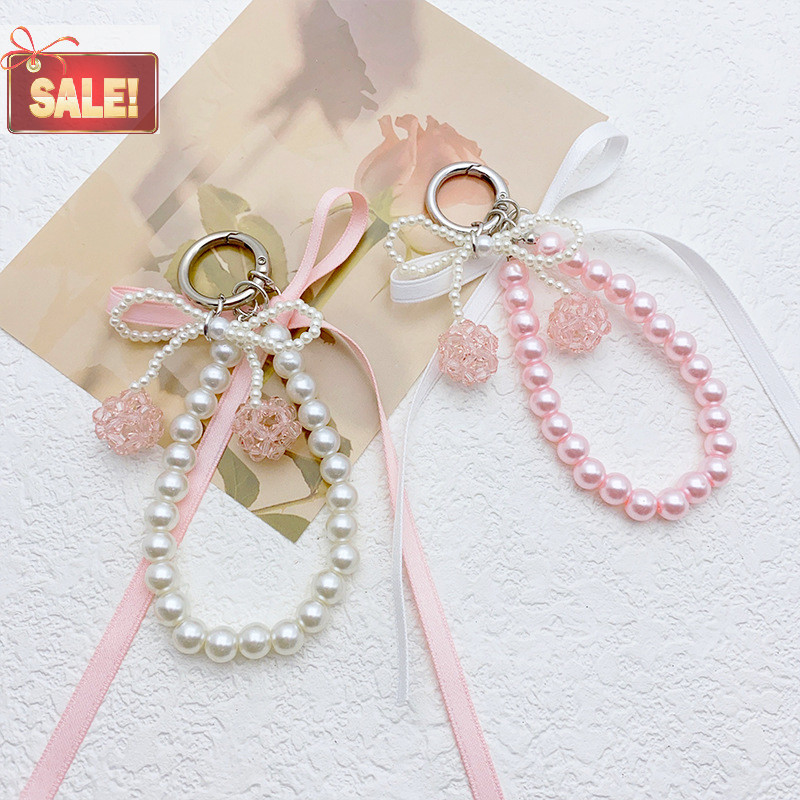 Bl น่ารัก Pearl Bow ลูกปัดโทรศัพท์ Ch เชือกเส้นเล็กความงามสายคล้องโทรศัพท์มือถือ Pearl ข้อมือลูกปัด Chain Charm ของขวัญหวาน A
