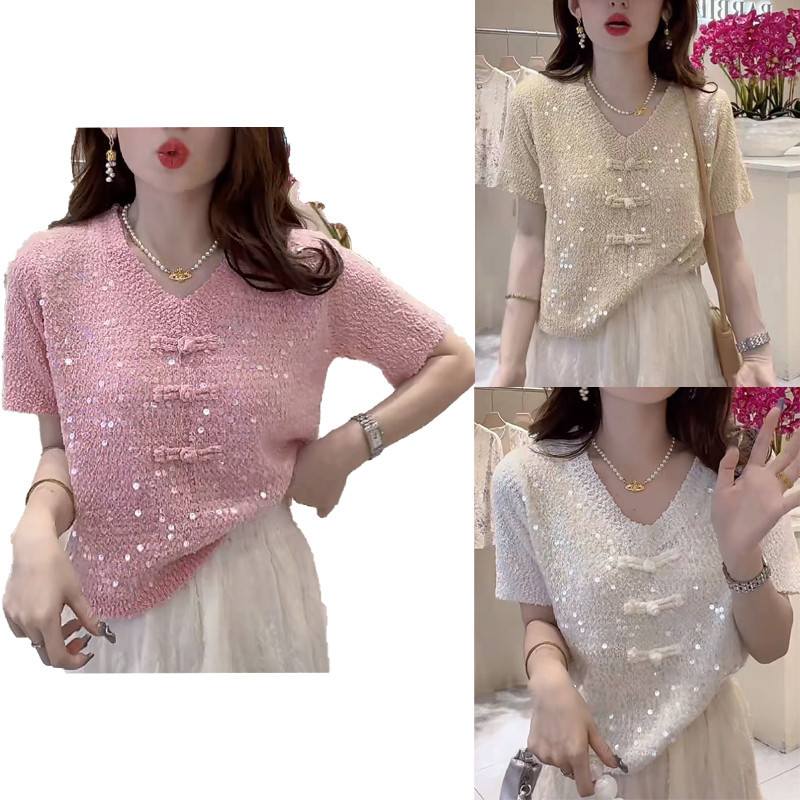 สุภาพสตรีคอวีแขนสั้นเลื่อมสไตล์แห่งชาติเสื้อยืดถักผู้หญิงการออกแบบความรู้สึกด้านบนทุกการแข่งขันเสื้อยืด
