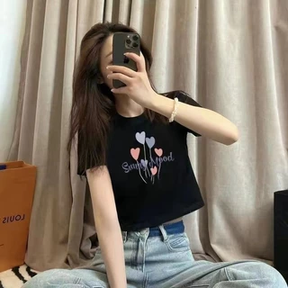 COD 🌈พร้อมส่ง🌈 เสื้อครอปแขนสั้น ผ้าคัตคอน นิ่มใส่สบาย #แขนสั้น เสื้อยืดพิมพ์ลาย 100%Cotton T-shirt เสื้อยืดผู้หญิง