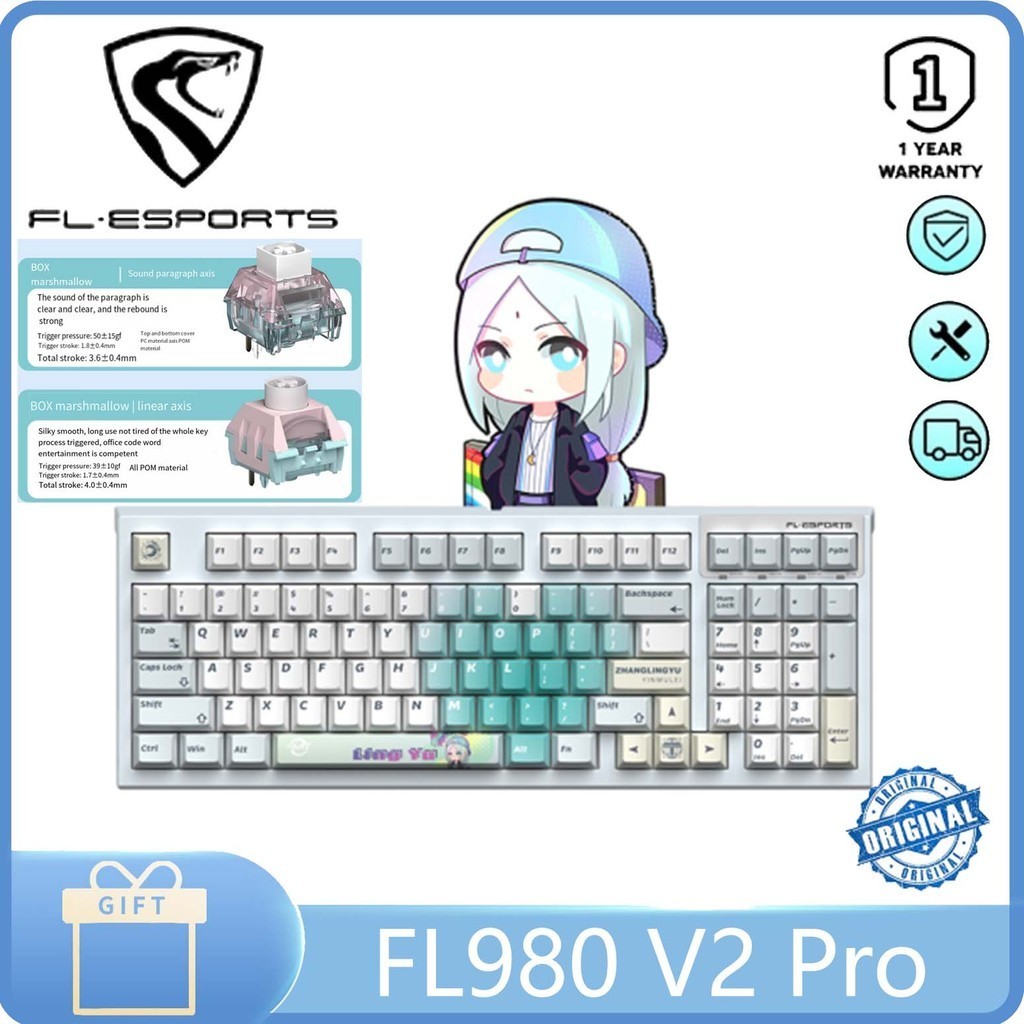 Fl·esports FL980 V2 Pro ปลั๊กคีย์บอร์ดเชิงกลไร้สาย 3 โหมดและถอดปลั๊กแกนส่วนเสียง