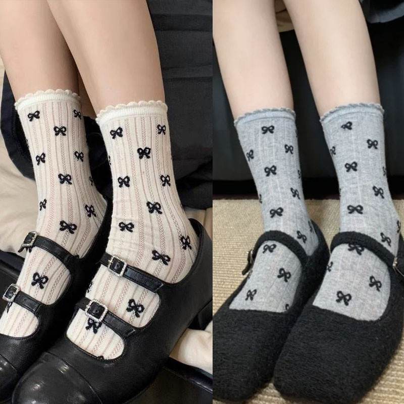 ถุงเท้าผู้หญิง jk จากญี่ปุ่น ถุงเท้าโบว์ ผ้าถัก สไตล์บัลเล่ต์ หวานและน่ารัก