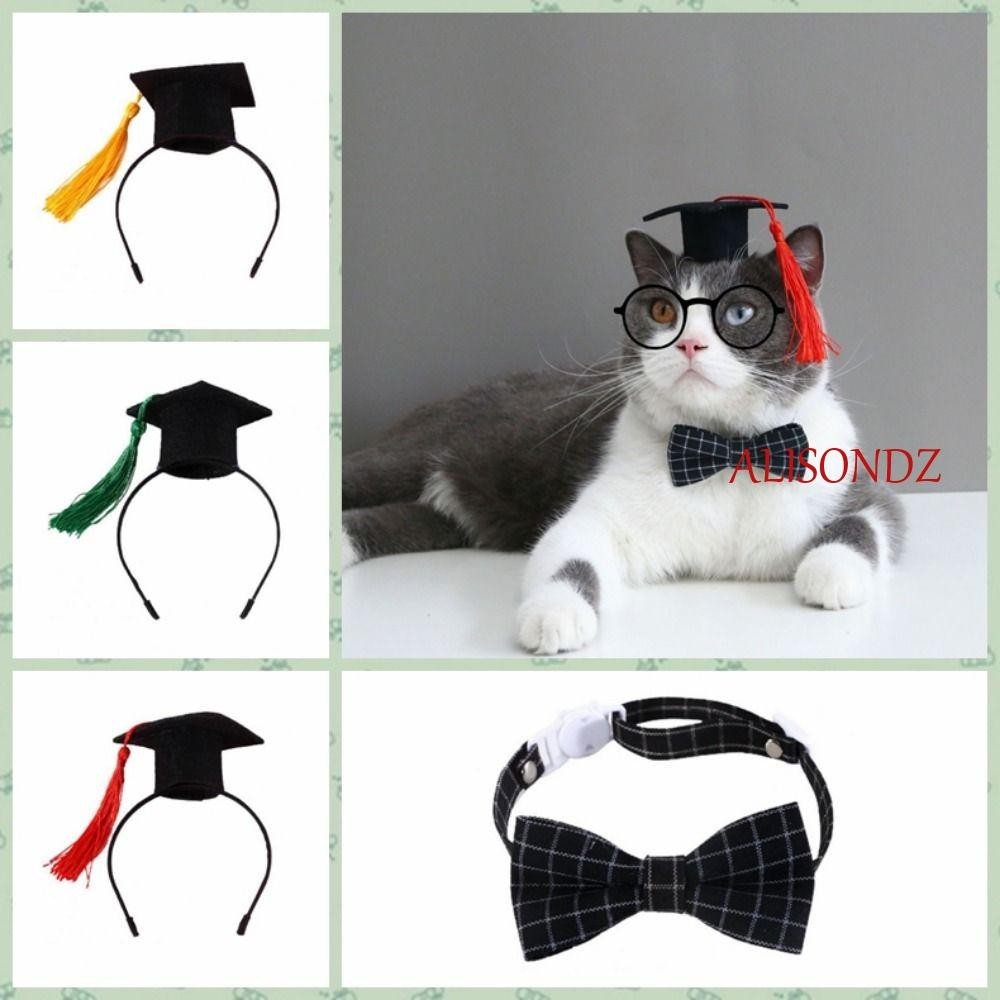Alisondz หมวกรับปริญญาแมว มีพู่ Felt Dog Dr. หมวก,แถบคาดศีรษะลูกสุนัขยืดหยุ่นปรับองศาสุนัขหมวก รูปถ่าย