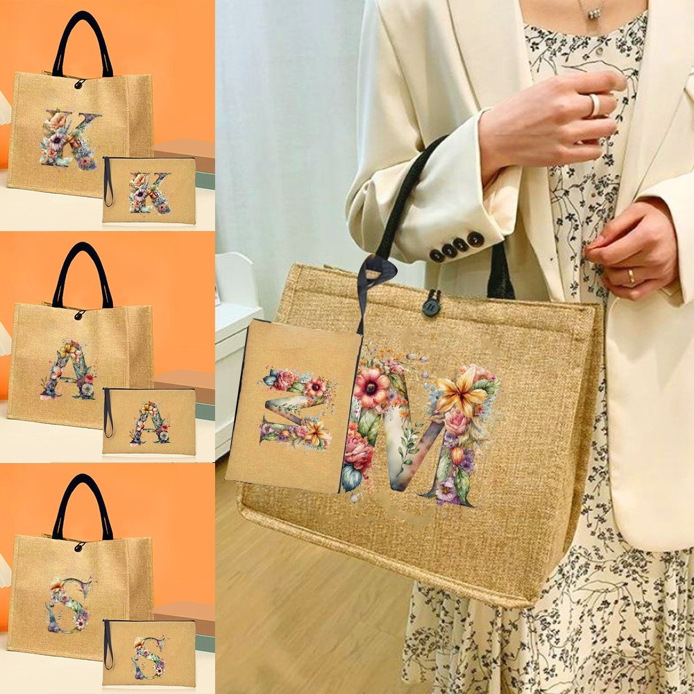 หัวเข็มขัดผ้าลินิน กระเป๋าผ้ากระสอบถุงเครื่องสำอางชุด Tote Bag Set floral letter Series
