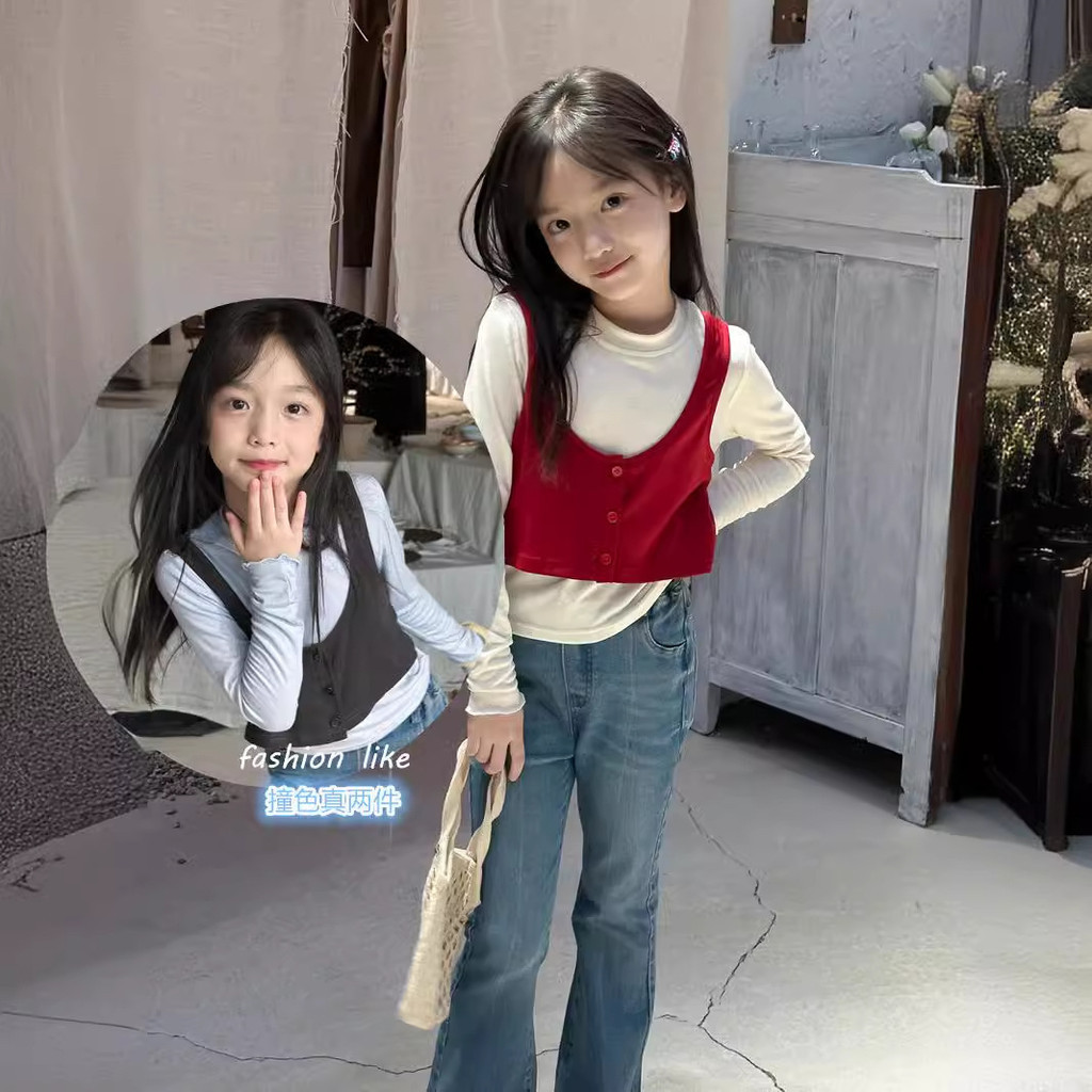 สาวชุดเด็กสีคมชัดแขนยาวเสื้อ จุดต่ําสุด + เสื้อกั๊กด้านบนทารกแฟชั่นชุดสองชิ้น