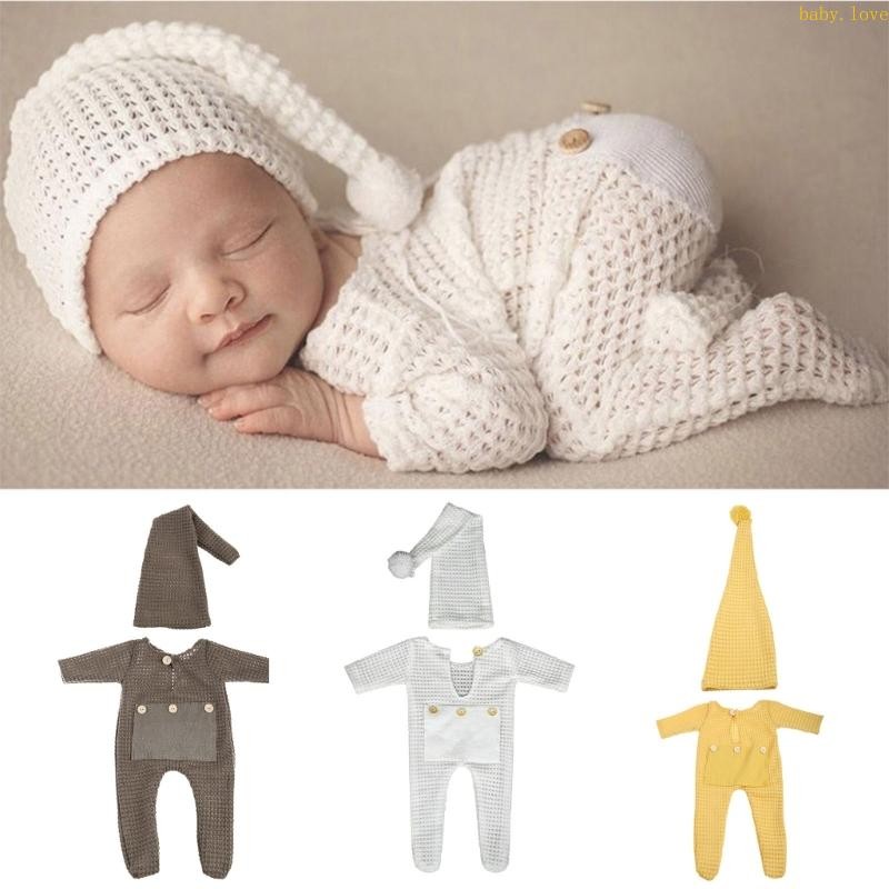 Blove * 2 ชิ้นทารกแรกเกิดการถ่ายภาพ Props ชุดโครเชต์เด็ก Romper หมวกชุดเด็ก Photo Beanies หมวก Jumpsuit บอดี้สูท