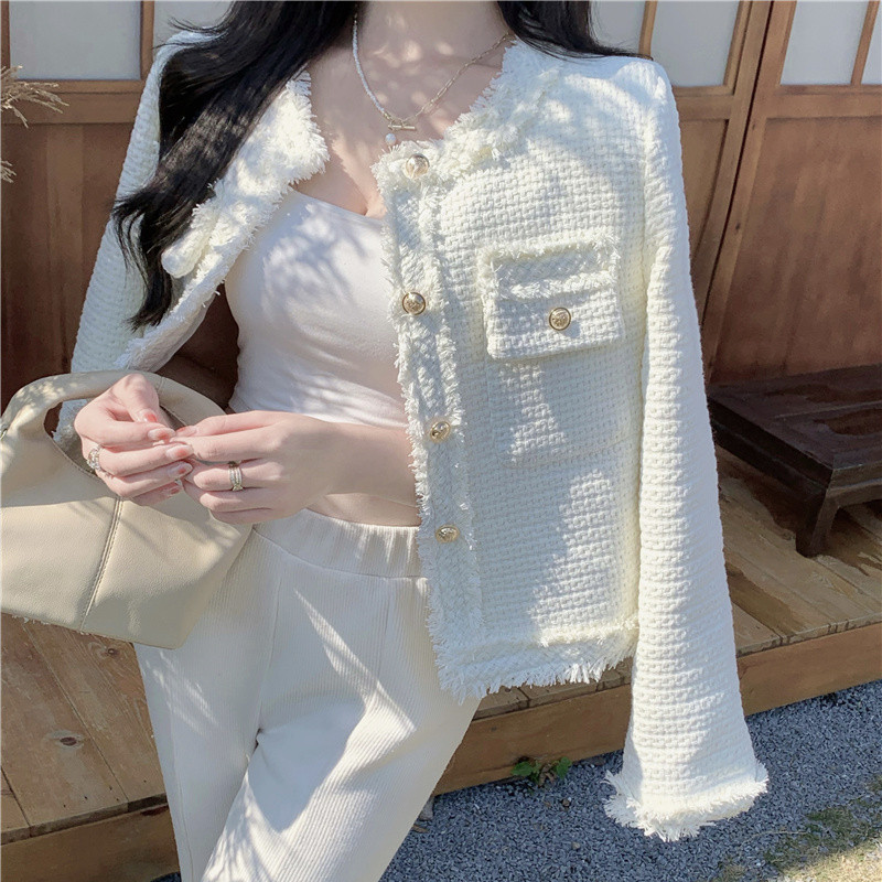 2023สไตล์ใหม่ฤดูใบไม้ผลิฤดูใบไม้ร่วงall-matchสีขาวchanel Jacketผู้หญิงขายร้อนการออกแบบเฉพาะสั้นด้านบน