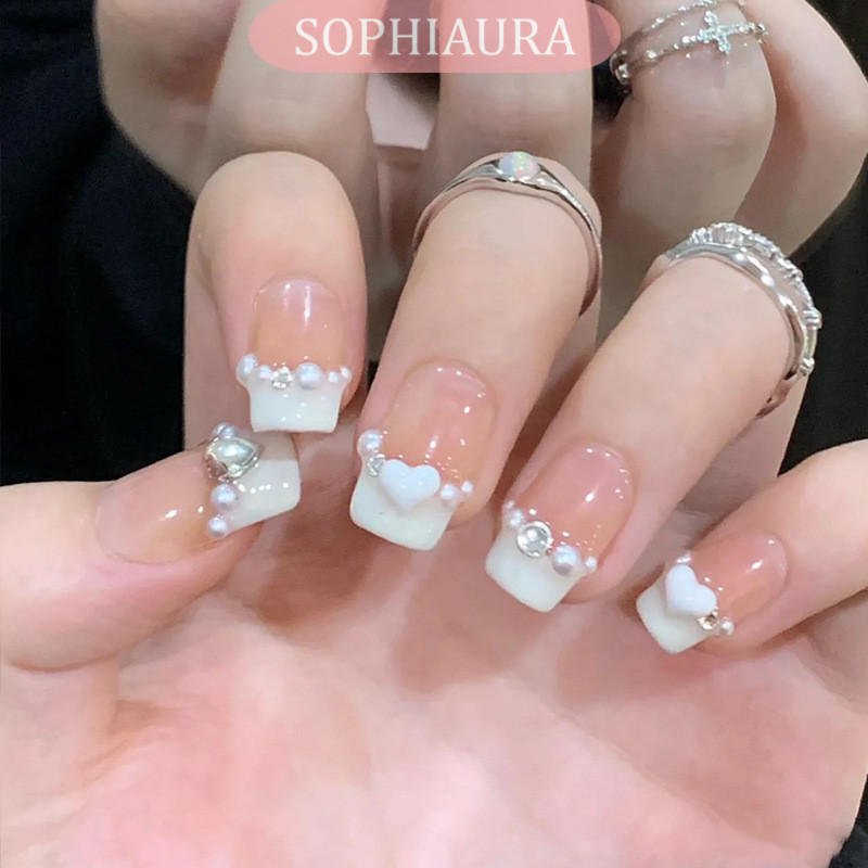Sophiaura สีขาว French Tip ซูเปอร์สั้นทรงสี่เหลี่ยมออกแบบธรรมดาสีธรรมดากดบนเล็บสําหรับสาวนํากลับมาใช้ใหม่เล็บปลอมด้วยกาว
