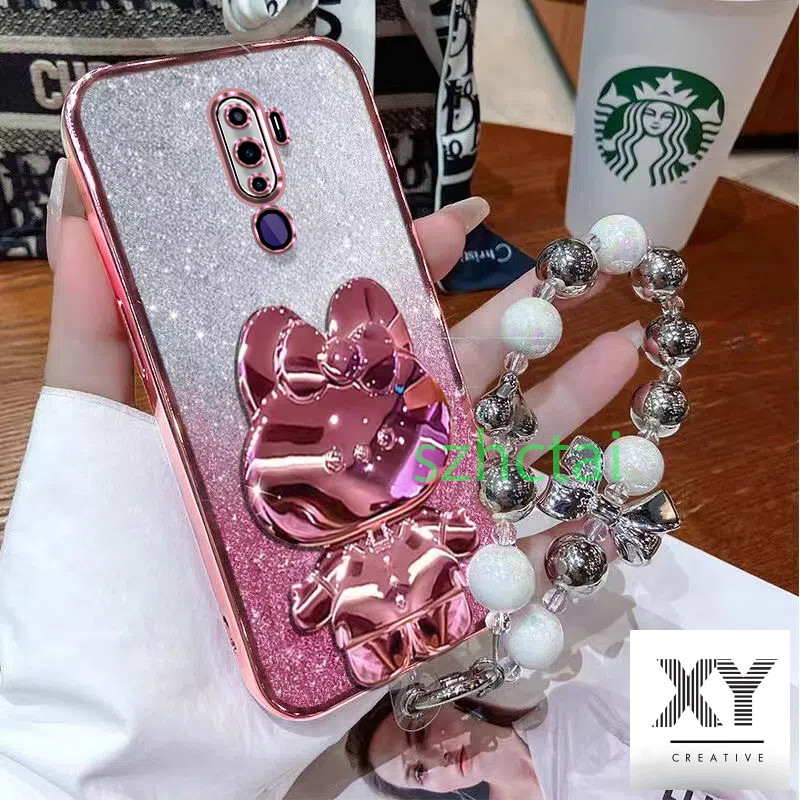 เคสโทรศัพท์ OPPO A9 2020 A5 2020 กระต่ายน่ารักวงเล็บกระจกหรูหรานุ่มกันกระแทกฝาหลังพร้อมสร้อยข้อมือเชือกแขวน เคส OPPO A9 2020 A5 2020
