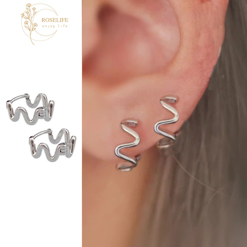 Roselife เกาหลี S925 เงินเรขาคณิต Wave วงกลม Hoop ต่างหูสําหรับผู้หญิงสาว Hypoallergenic Pierced รอบหูเครื่องประดับ 1 คู่