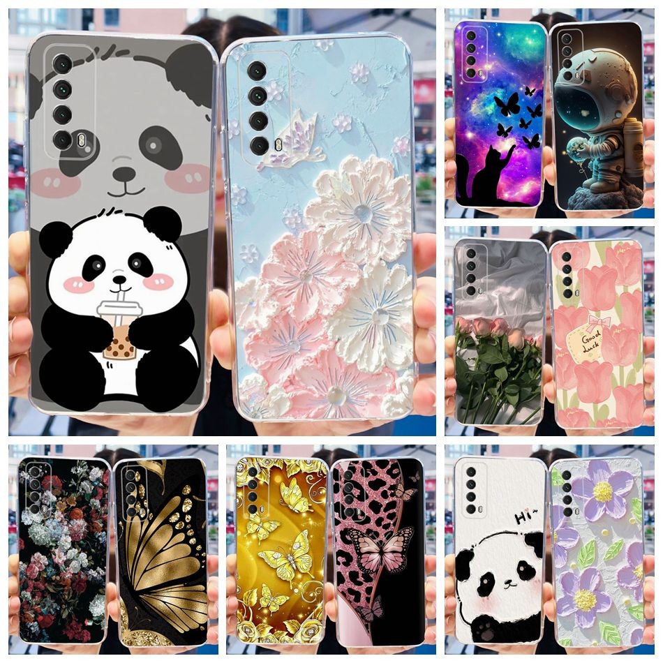 Huawei Y7a PPA-LX3 / P สมาร์ท 2021 PPA-LX1 PPA-LX2 แมวน่ารัก Panda ดอกไม้ทาสีซิลิโคนนุ่ม TPU เคสโทรศ