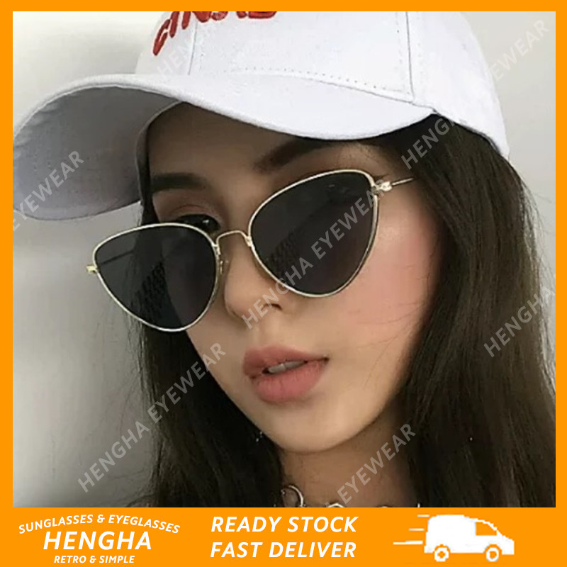 (HENGHA) แว่นกันแดดตาแมวโลหะย้อนยุคตะวันตกแว่นกันแดดป้องกันรังสียูวีสีลูกกวาด