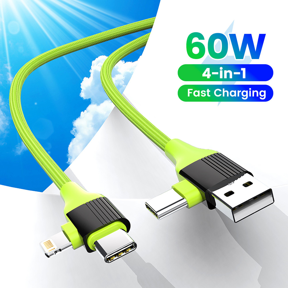 4-in-1 สายเคเบิลข้อมูลโทรศัพท์ Type C ที่เข้ากันได้เต็มรูปแบบ PD60W สายเคเบิลมัลติฟังก์ชั่นชาร์จเร็วสุด