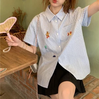 🌻Grace🌻 เสื้อแขนสั้นลายหมีน่ารัก เสื้อลายสก๊อตสีฟ้า ผ้าคอตตอนสวมใส่สบาย เสื้อผ้าสไตล์เกาหลี W439