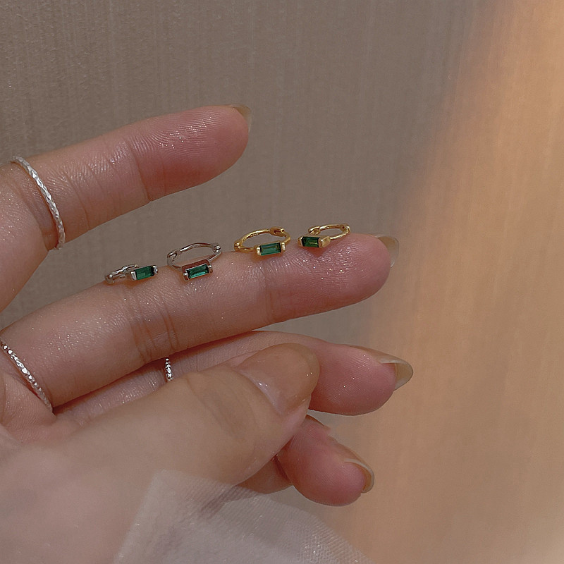 เกาหลี S925 เงินสเตอร์ลิงทอง Emerald Hoop ต่างหูสตั๊ดผู้หญิงเครื่องประดับเพทายคริสตัลคลิปต่างหูหู Cuffs