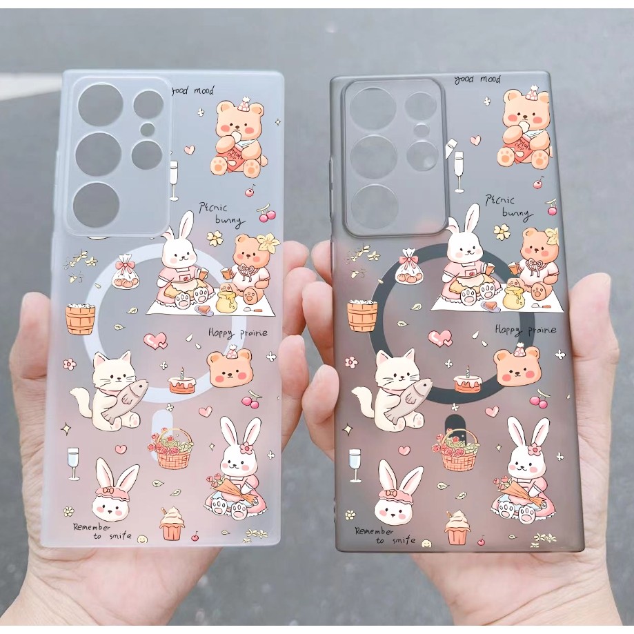 กระต่ายรูปแบบปิคนิคสําหรับ Samsung s22 s22plus ultra Case Girly S23 S23Plus s23fe s24 s24plus s24ultra กระเป๋าสตางค์ปกหลัง