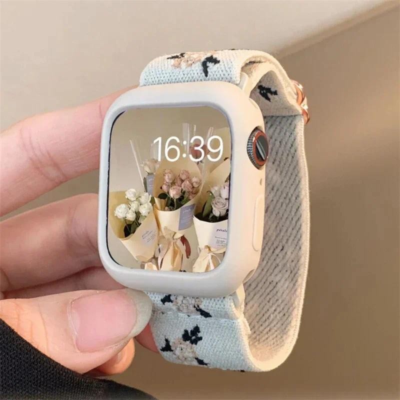 เกาหลีน่ารักสร้อยข้อมือไนลอนสาย Braied + กรณีเข้ากันได้สําหรับ Apple Watch ultra 2 49 มม.41 มม.45 มม.44 มม.38 มม.42 มม.IWatch Series 9 8 7 6 5 4 3 SE