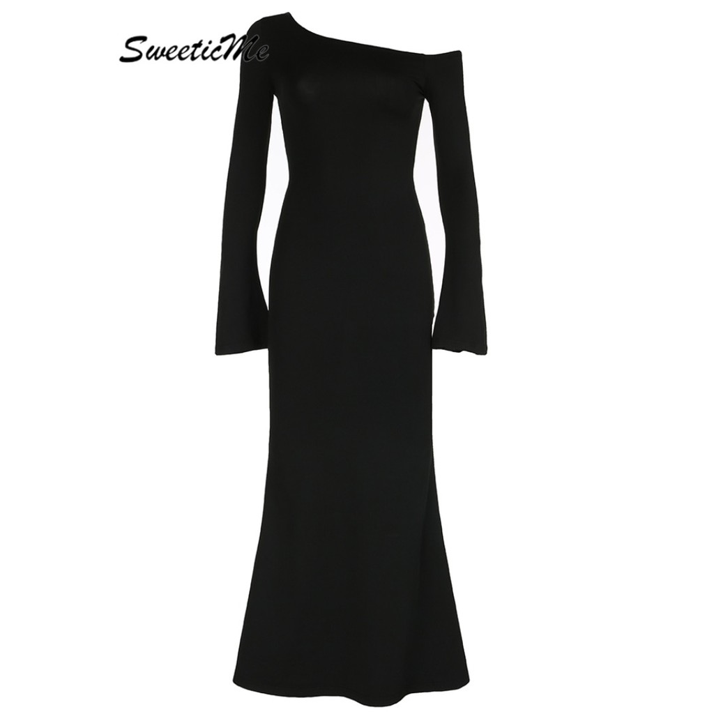 Sweeticme ชุดสตรี 2024 ใหม่แฟชั่น Slim Fit เซ็กซี่แขนยาวสีทึบ Causal Fishtail ชุดเดรสยาว