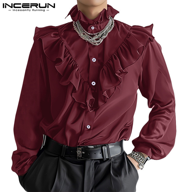 Incerun เสื้อเชิ้ตแขนยาวแฟชั่นลําลองสําหรับบุรุษแฟชั่นเกาหลี Ruffles Patchwork