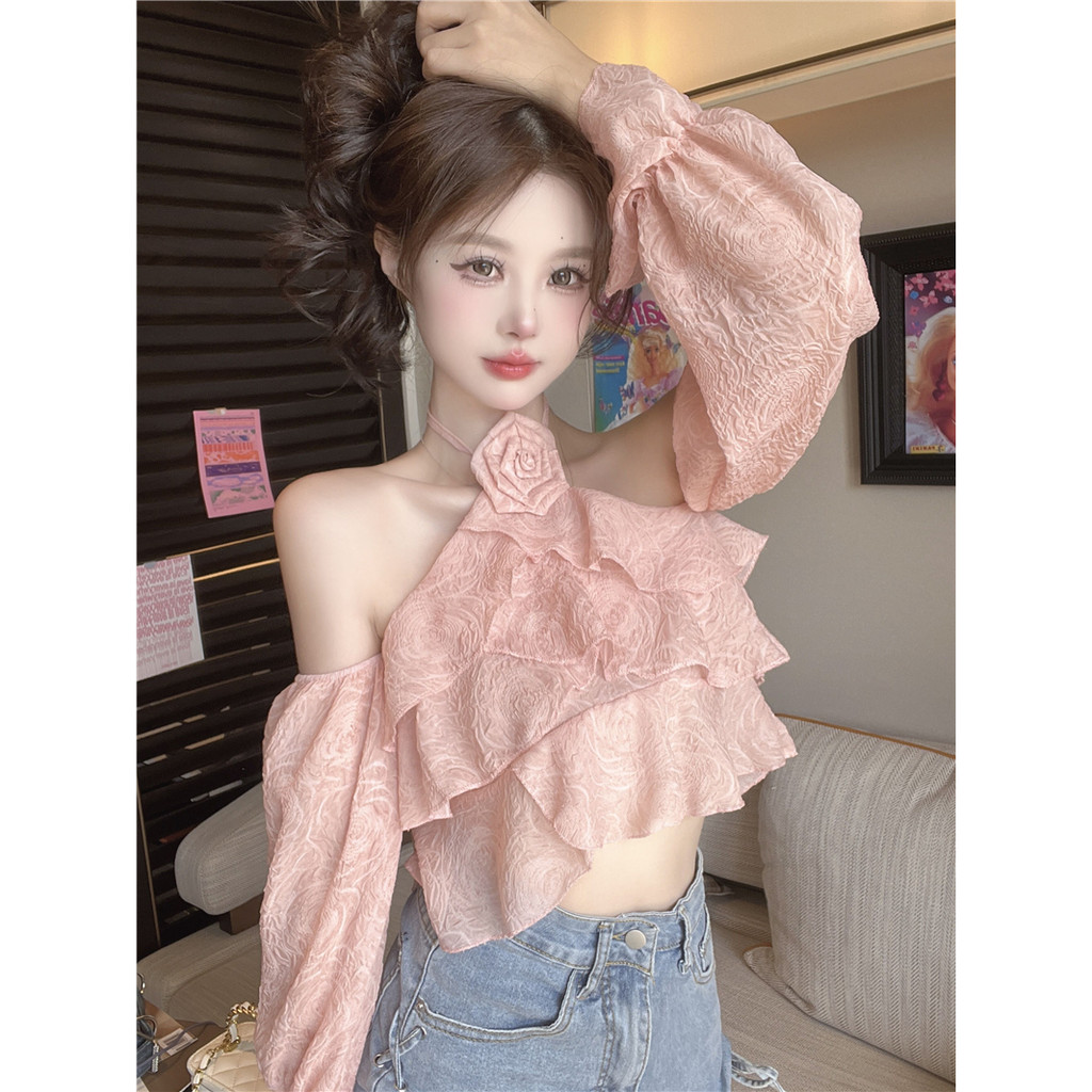 Chic สีชมพูสามมิติดอกไม้ Halter คอเสื้อผู้หญิงฤดูใบไม้ร่วงเซ็กซี่ Strapless Simple All-Match ทรัมเป็ตแขนเสื้อ Ruffled สั้นเสื้อผ้าผู้หญิง
