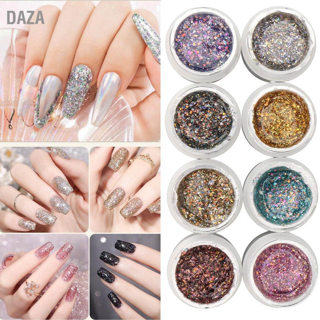 DAZA โฮโลแกรมสะท้อนแสงแวววาวเจล 8 สีประกายแวววาวแวววาว UV LED ชุดยาทาเล็บ