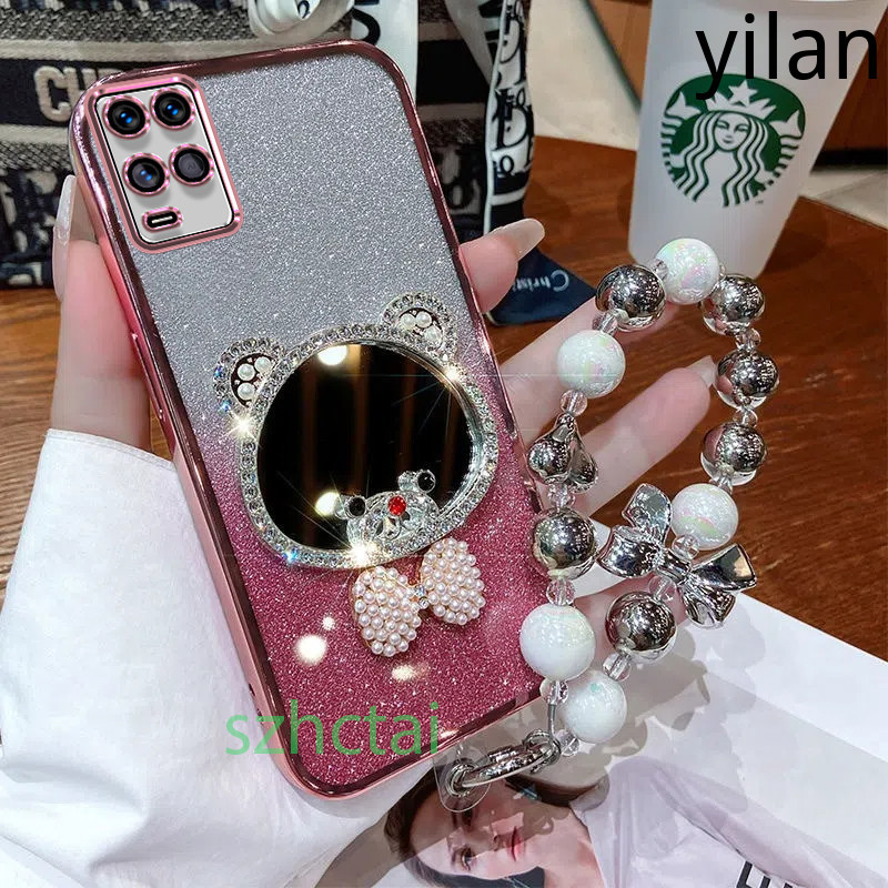 เคสโทรศัพท์ แวววาว OPPO A54 กระจกแต่งหน้าหูหมีเพชรหรูหราพร้อมเชือกเส้นเล็ก เคส OPPO A54