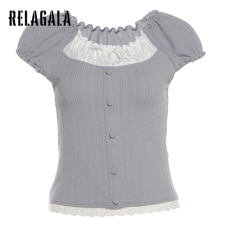 Relagala ผู้หญิง 2024 ใหม่แฟชั่น Casual Lace อเนกประสงค์แขนสั้น Slim Bow เสื้อยืด