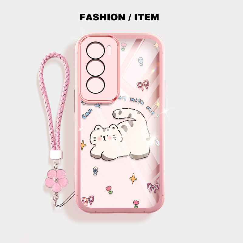 น่ารักอ้วนแมวกันกระแทกเคสโทรศัพท์สําหรับoppo Reno 12 5G Reno 12 F Reno12 Pro 5G 12Fปลอกโปร่งใสฝาครอบป้องกันด้วยเชือกแขวนดอกไม้