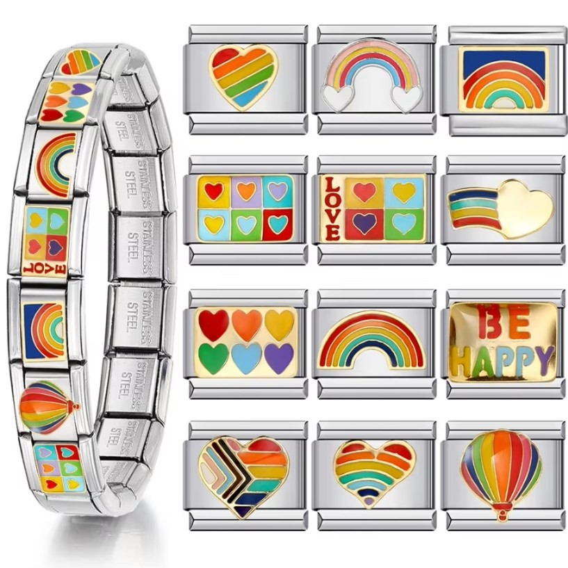 Y2k หัวใจที่มีสีสัน Rainbow อารมณ์ดีอิตาเลี่ยน Charm สร้อยข้อมือสแตนเลส DIY ทํา Elastic Link Chain เครื่องประดับแฟชั่น
