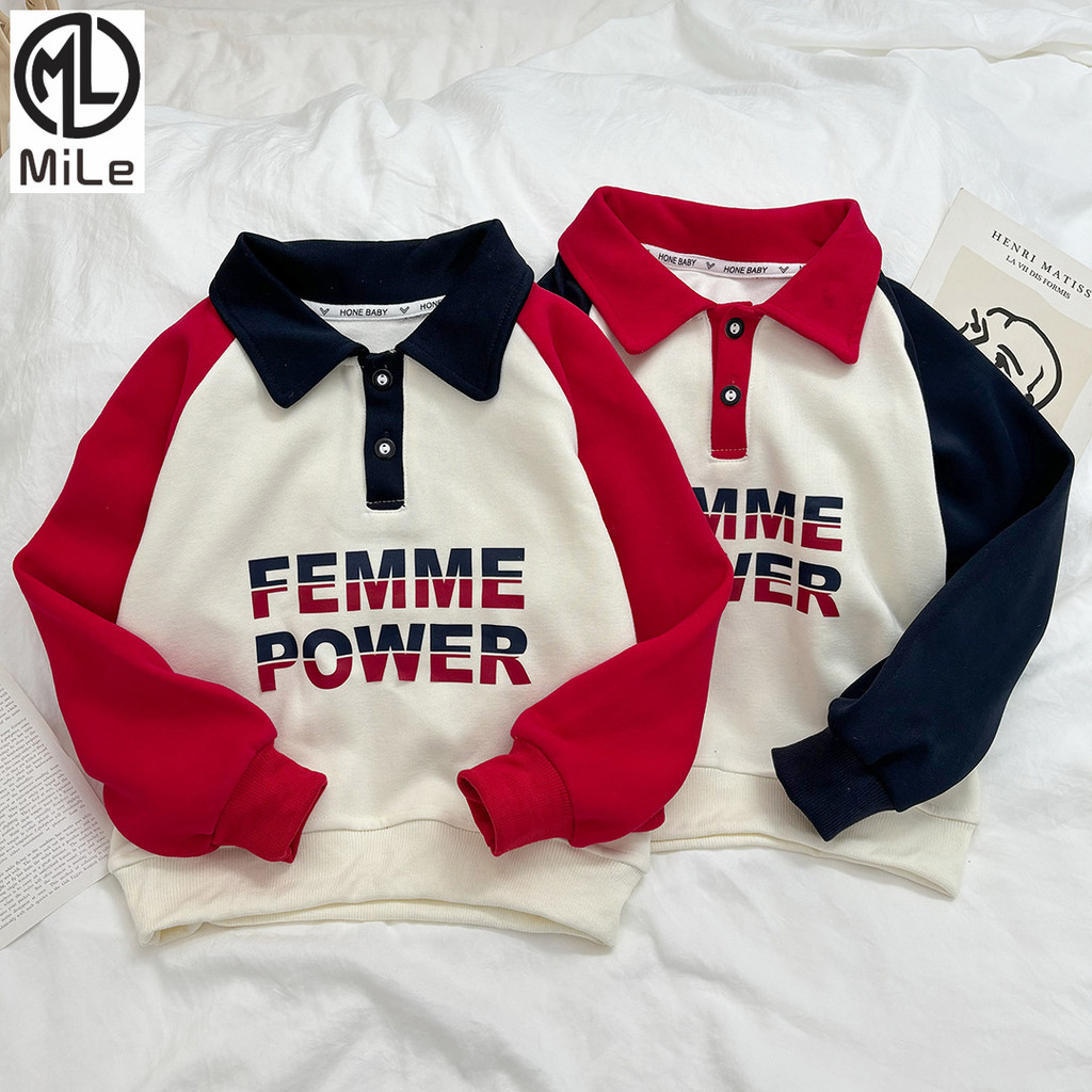 [ML] 80-160 ซม.สไตล์ใหม่เย็บตัวอักษรสไตล์ POIO เสื้อ Preppy สไตล์ปกด้านบนกลางเด็กใหญ่เด็กฐาน