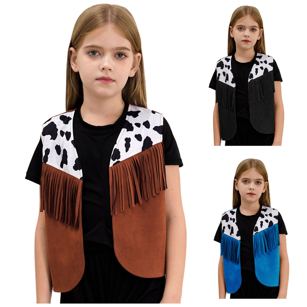 Yeahdor เด็ก Cowgirl บทบาทเล่นเครื่องแต่งกายสําหรับสาวแขนกุดรูปแบบวัวพิมพ์ Fringe เสื้อกั๊กคาวบอย
