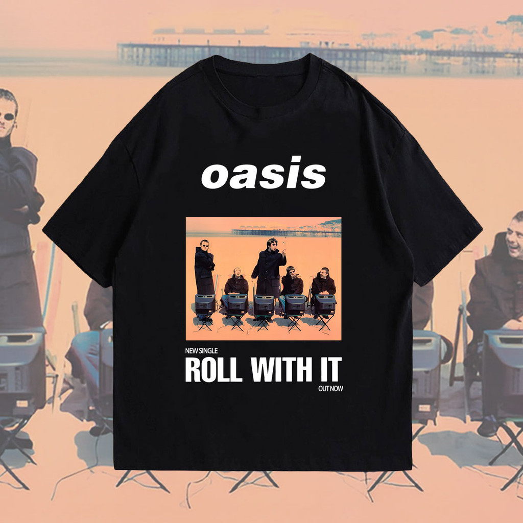 เสื้อ Oasis Roll With It T-SHIRT OASIS reunion tour OASIS SUPERSONIC BAND ผ้าฝ้าย 100%