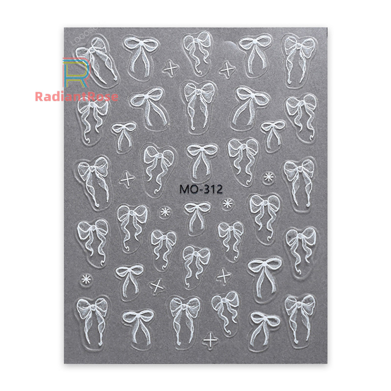 Radiant Rose 1 แผ่นริบบิ้นสีขาว Bowknot 3D นูนบรรเทาเล็บตกแต่งสติกเกอร์เล็บเครื่องมือ Decals