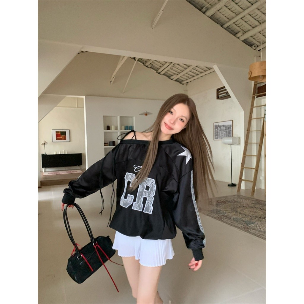 ELFwoo เสื้อสเวตเตอร์แขนยาวลูกไม้ปักอเมริกันสําหรับผู้หญิงต้นฤดูใบไม้ร่วงกางเกงชั้นในหลวมใหม่