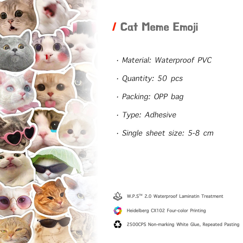 Y&P| ชุดสติ๊กเกอร์ Cat Meme Emoji ชุดสติ๊กเกอร์กราฟิตี้กันน้ำลายการ์ตูน, 50 แผ่น/ชุด