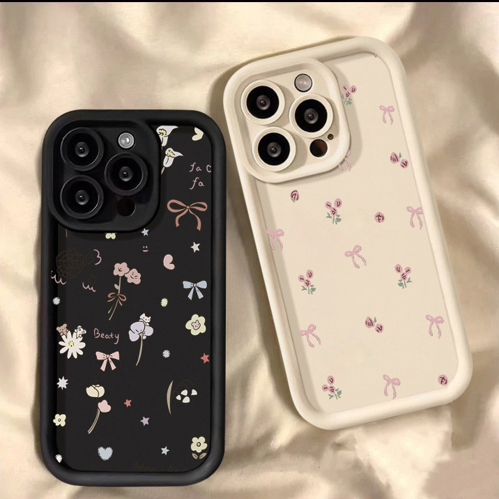 สีชมพูโบว์ปมดอกไม้หัวใจรักเคสโทรศัพท์สําหรับiphone 16 11 12 13 14 15 Pro Max XR X XS Max 14 15 7 8 Plus SE 2020 Mini Artดอกไม้ที่มีสีสันกันกระแทกนุ่มป้องกันกรณี