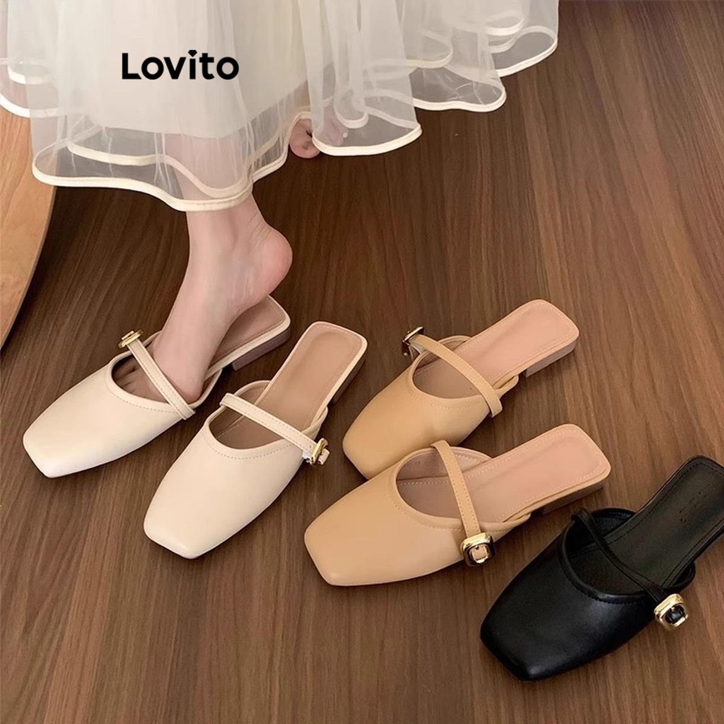 Lovito รองเท้าแตะส้นแบนสไตล์บัลเล่ต์หัวเหลี่ยมธรรมดาสำหรับผู้หญิง LFA46307