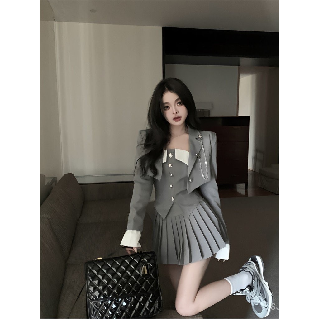 Skirt Sexy Tube Top Women's High Waist Uniform Suit Vest Spring Coat Pleated Skirt SuitjkThree-Piece Suit