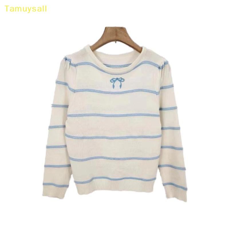 [ตามู] เกาหลีหวานลายโบว์ปักรอบคอแขนยาวถักเสื้อกันหนาวสําหรับผู้หญิง ใช่