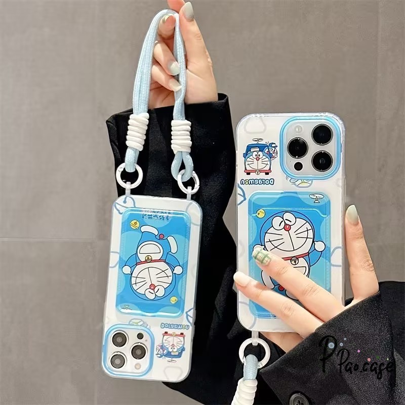 การ์ตูนโดราเอมอนกระเป๋าสตางค์สองสายคล้องบัตรเข้ากันได้กับเคสไอโฟน 13 11 15 XR 14 12 Pro Max 7 15 8 14 Plus X XS Max